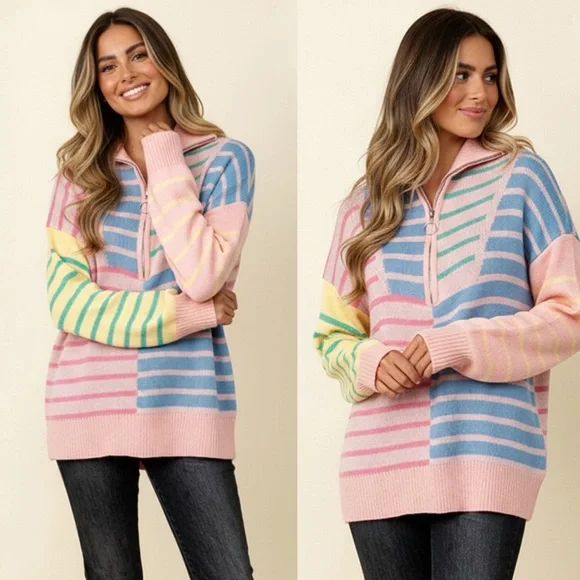 Pink blue stripe half zip contrast western print pullover sweatshirt tunic top - Picture 2 of 8
